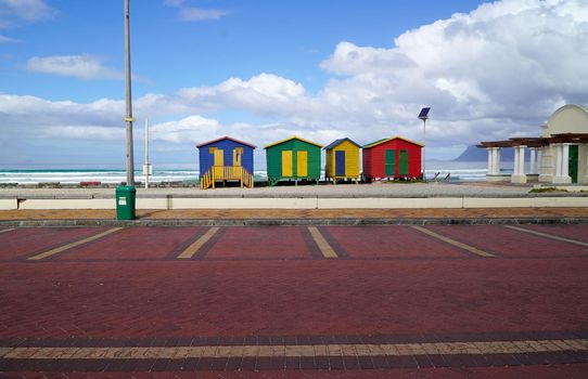 Cape Town, South Africa - 16 April 2020 : Empty parking lot and beach at Muizenberg in Cape town, South Africa during the lock down.