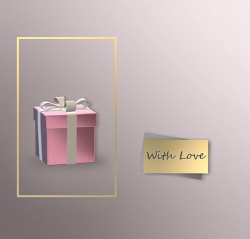 Gift box, text with love. 3D realistic gift box with bow, gift tag on pastel background. Valentines, Love, party invitation, mothers day, 8th March, wedding, greeting card. 3D illustration