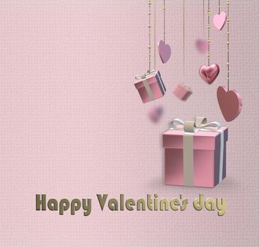 Hanging gift boxes and 3D hearts. STmbol of love realistic gift boxes, hearts on pastel pink background. Gold text Happy Valentines day. Love, party invitation, 8th March, wedding, 3D illustration