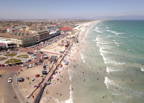 Aerial overhead Muizenberg beach in Cape Town South Africa