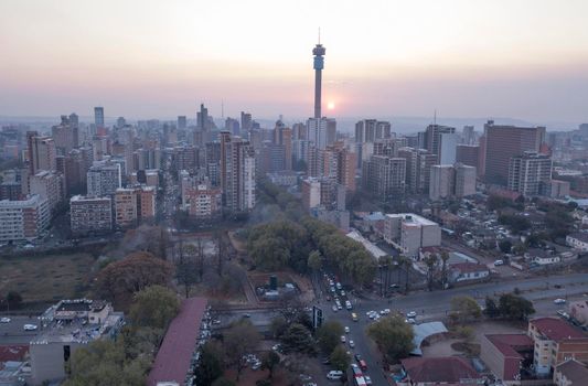 Aerial view of Johannesburg CBD at sunset, South Africa