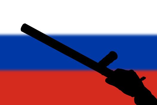 hand with police tonfa rubber stick silhouette and blurry russian flag in the background - violent riot control concept