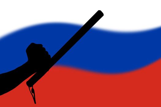 hand with police tonfa rubber stick silhouette and blurry russian flag in the background - violent riot control concept