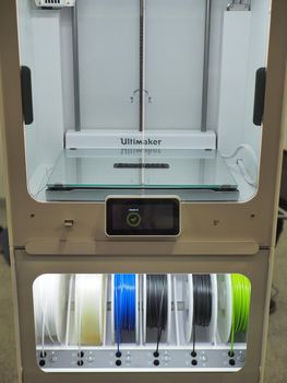 Spools of multicolor thermoplastic filament installed on 3d printer
Turin Italy February 12 2020