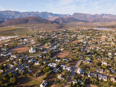 Aerial over small town village, in South Africa, Mcgregor