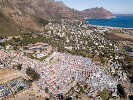 Aerial overhead township and middle class houses in South Africa