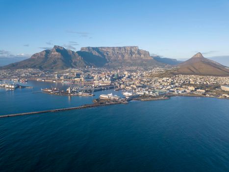Aerial view over Cape Town, South Africa with Table Mountain