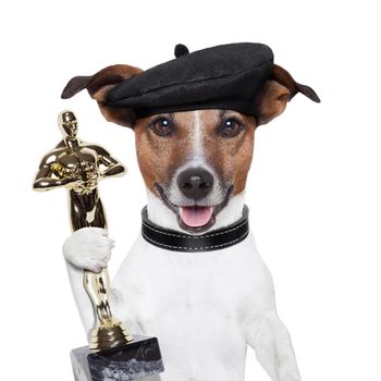 award winner director dog holding a statue