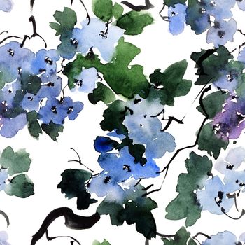 Watercolor and ink illustration of tree branch in bloom - blue flowers, buds and leaves. Oriental traditional painting in style sumi-e, u-sin and gohua. Seamless pattern.