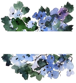 Watercolor and ink illustration of tree branch in bloom - blue flowers, buds and leaves. Oriental traditional painting in style sumi-e, u-sin and gohua.