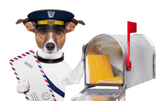 postman mail dog with a air mail letter and mail box