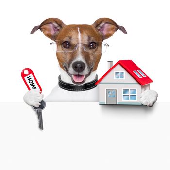 dog behind an empty placard with a small house and  home keys