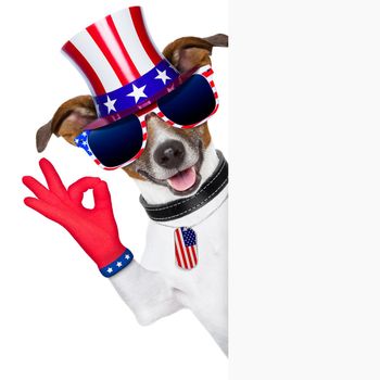 pride american dog with  ok fingers behind banner