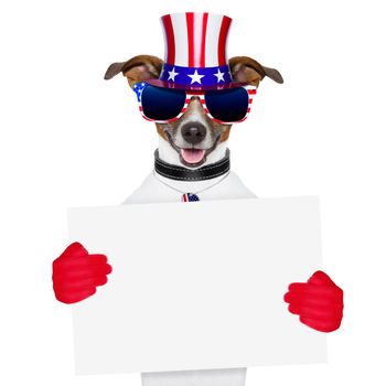 american dog with red gloves behind banner