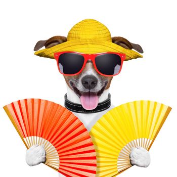 summer dog with two hand fans waving