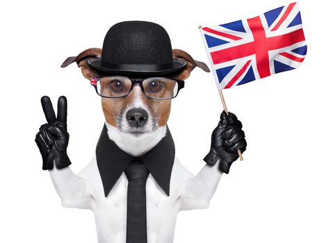 british dog with black bowler hat and black suit waving flag