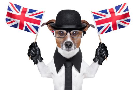 british dog with black bowler hat and black suit waving flags