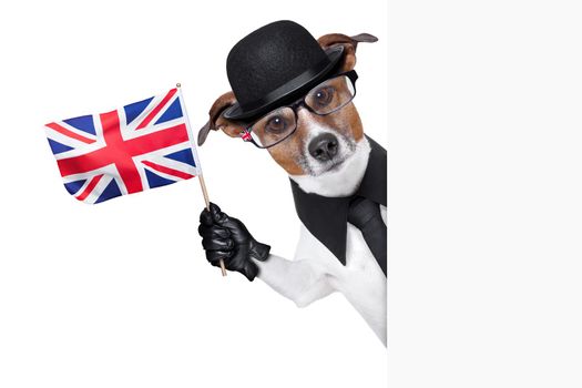 british dog with black bowler hat and black suit waving a flag