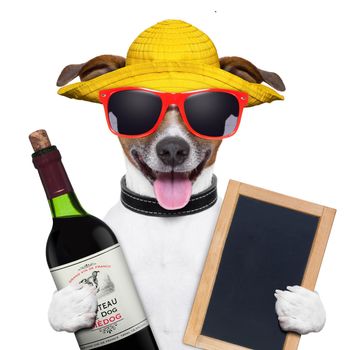 summer dog with a bottle of wine and blackboard