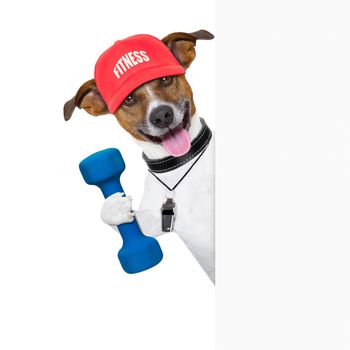 personal  trainer dog with dumbbell and banner