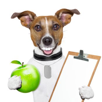 healthy dog with a big smile and a green apple and a clipboard