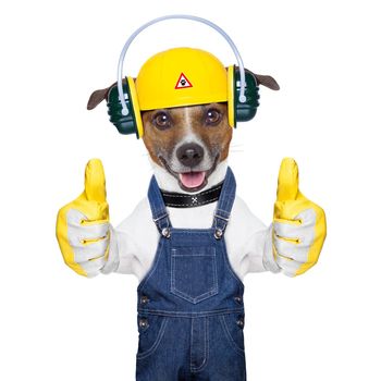 funny under construction dog with two thumbs  up