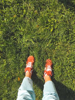 Woman in red sneakers stands on grass lawn. Top view on feet in bright sport shoes and light blue jeans. Outdoor leisure activity. Casual outfit. Natural summer background.