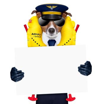pilot captain dog wearing  emergency life  vest holding a placard