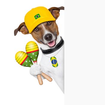 brazil samba dog with shakers behind white banner