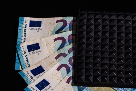 20 Euro money banknotes in black wallet isolated