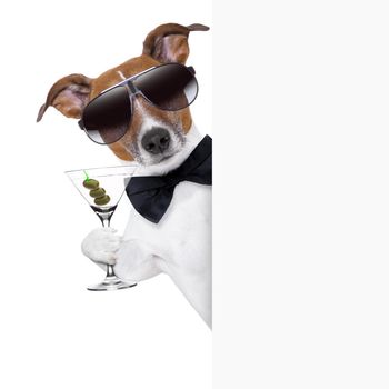 dog toasting with martini glass behind a blank placard banner