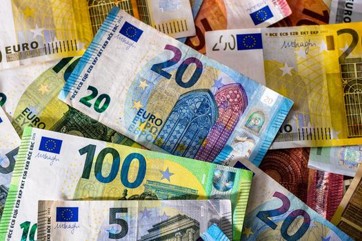 Close up of money euro banknotes, background of money euro isolated.