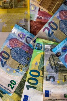 Close up of money euro banknotes, background of money euro isolated.