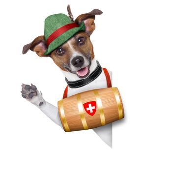 swiss rescue dog with a barrel and paws up behind banner