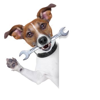 craftsman dog with spanner wrench in mouth beside a white blank banner