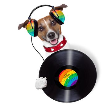 dj dog holding a vinyl beside a blank banner