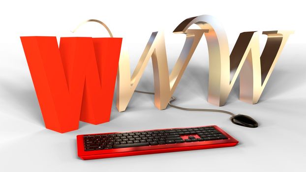 WWW 3d text with mouse and keyboard. Network communication concept. 3d rendering