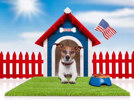dog house with american flag and bowl full of food