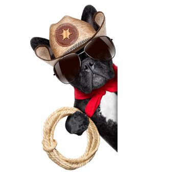 cowboy dog beside a white blank banner or placard
