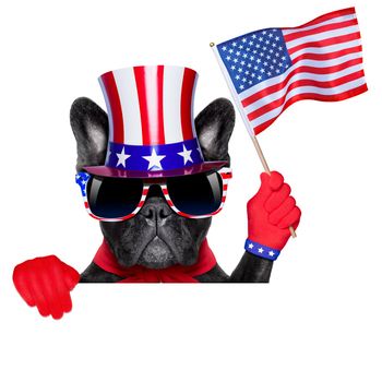 french bulldog behind a white and blank banner waving flag usa