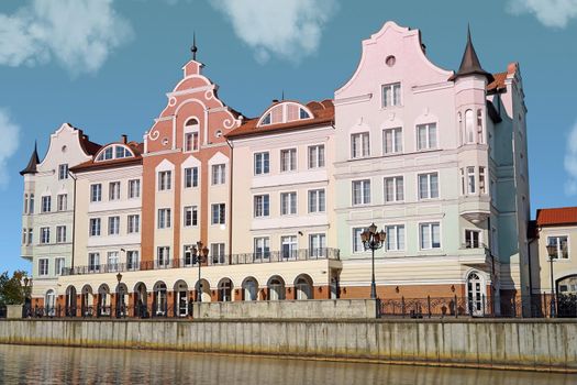 Urban landscape with views of the embankment and buildings. Kaliningrad, Russia