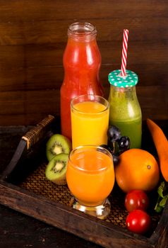 Various freshly squeezed fruits and vegetables juices