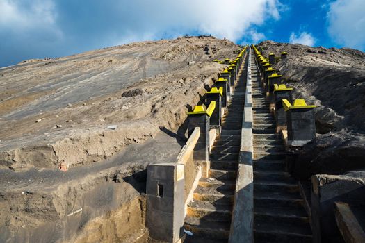 Strairway to Mount Bromo volcanoes in Bromo Tengger Semeru National Park, East Java, Indonesia