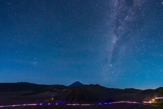 Extreme long exposure image showing star above the Bromo Volcano, Indonesia