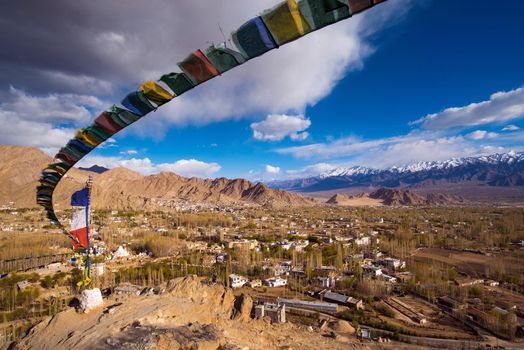 View of Leh city, the capital of Ladakh, Northern India. Leh city is located in the Indian Himalayas at an altitude of 3500 meters.
