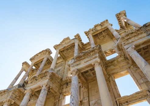 Ruins of the library of Celsus in Ephesus Turkey,. Ephesus contains the ancient largest collection of Roman ruins in the eastern Mediterranean