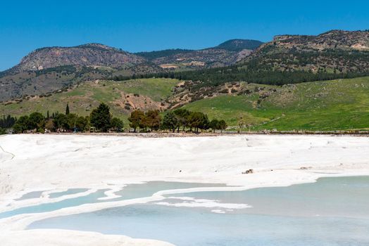 Natural travertine pools and terraces at Pamukkale ,Turkey. Pamukkale, meaning cotton castle in Turkish,Turkey