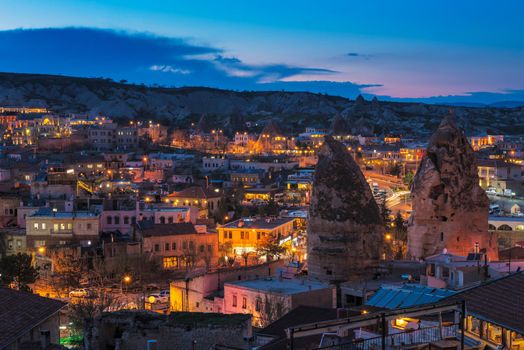 Goreme ancient city view after twilight, Cappadocia in Central Anatolia, Turkey