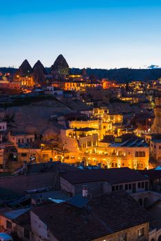 Goreme ancient city view after twilight, Cappadocia in Central Anatolia, Turkey