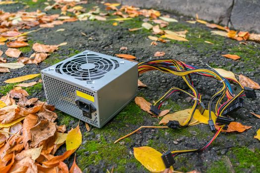 The power supply of a personal computer lies in an electronics dump among autumn leaves